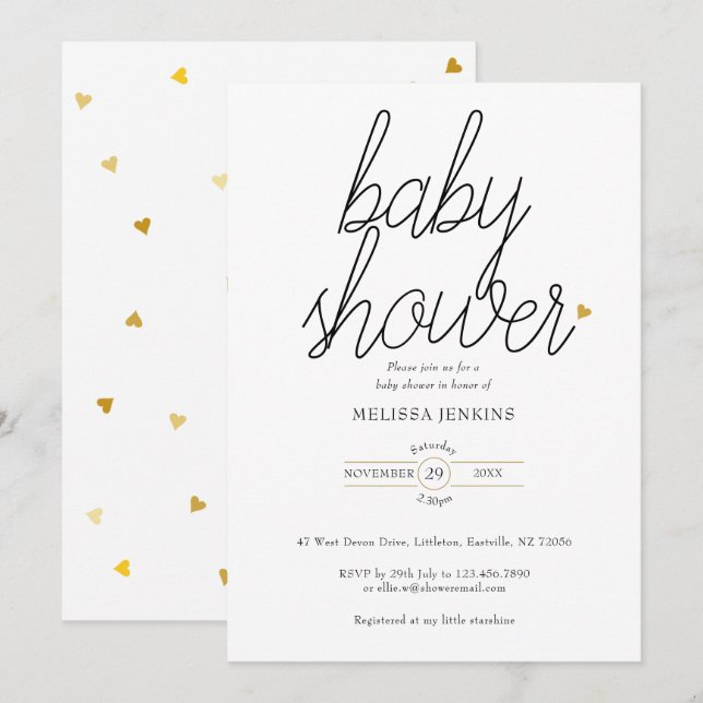 Chic Script Gold Hearts Baby Shower / Sprinkle Invitation (Front/Back)