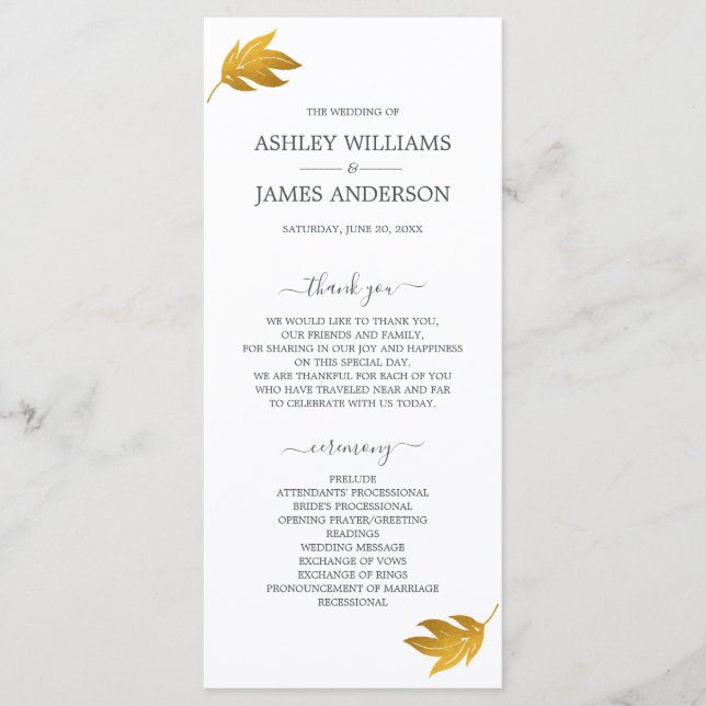Chic Script Gold Leaf Minimal Wedding Program (Front)