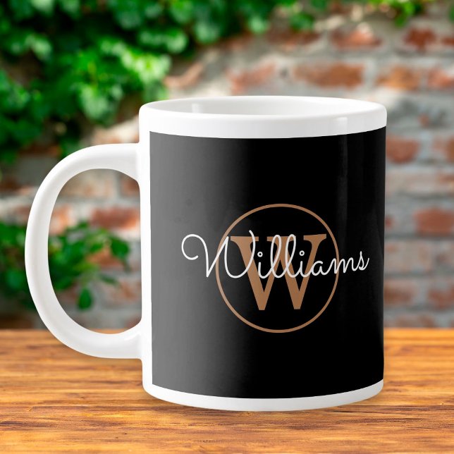 Chic Script Gold Monogram Black Personalized Large Coffee Mug (Creator Uploaded)