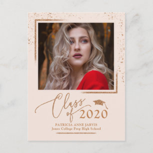 Chic Script Grad Announcement Rose Gold Glitter Postcard