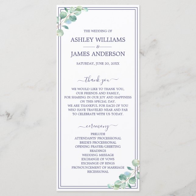 Chic Script Green Foliage Navy Blue Border Wedding Program (Front)