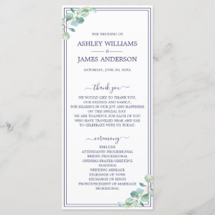 Chic Script Green Foliage Navy Blue Border Wedding Program