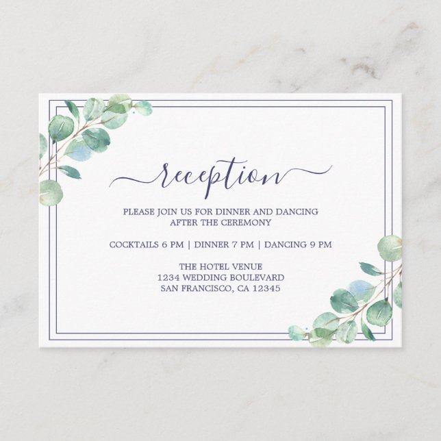 Chic Script Green Foliage Wedding Reception Enclosure Card (Front)