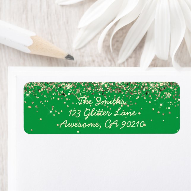 Chic Script Green Glitter Wedding Return Address (Insitu)
