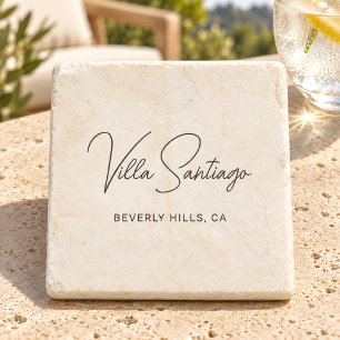 Chic Script Home Name and Location Stone Coaster