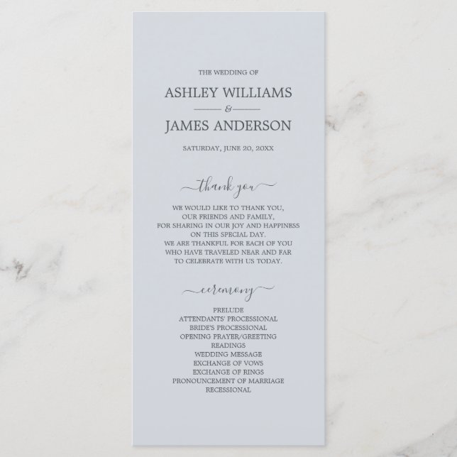 Chic Script Ice Blue Simple Minimal Wedding Program (Front)