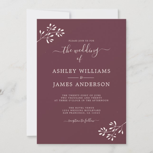 Chic Script Ivory Foliage Burgundy Wedding Invitation (Front)