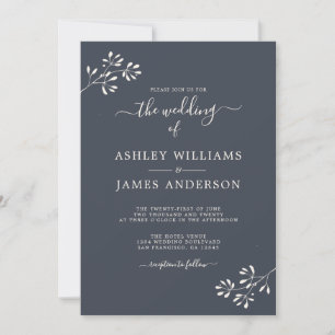 Chic Script Ivory Foliage Dark Blue Wedding Invitation