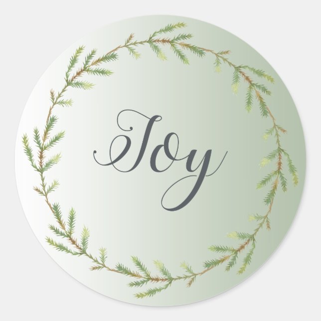 Chic Script Joy Foliage Wreath Green Christmas  Classic Round Sticker (Front)