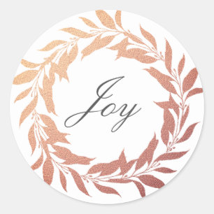 Chic Script Joy Rose Gold Wreath Christmas Classic Round Sticker