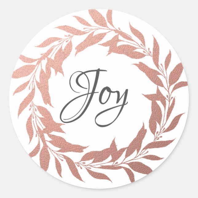 Chic Script Joy Rose Gold Wreath Christmas Classic Round Sticker (Front)
