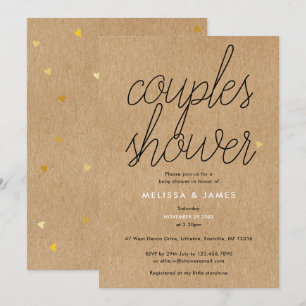 Chic Script Kraft Gold Hearts Couples Baby Shower Invitation