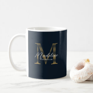 Chic Script Metallic Navy Blue Gold Monogram Coffee Mug