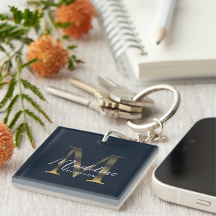 Chic Script Metallic Navy Blue Gold Monogram Keychain