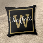 Chic Script Modern Gold Monogram Black Throw Pillow<br><div class="desc">A chic personalized geometric square border monogram design with a stylish script name. Designed by Thisisnotme©</div>