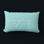 Chic Script Mr Mrs Bright Blue Newlywed Monogram Lumbar Pillow<br><div class="desc">Chic, modern monogram turquoise blue pillow with the text Mr and Mrs in white elegant script. Simply add your married name. Perfect luxury gift for the newlywed couple. Exclusively designed for you by Happy Dolphin Studio. If you need any help or matching products please contact us at happydolphinstudio@outlook.com. We're happy...</div>
