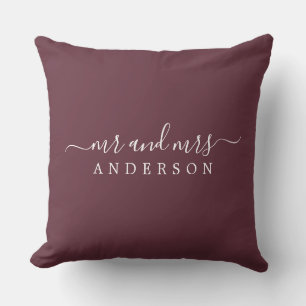 Chic Script Mr Mrs Burgundy Newlywed Monogram Throw Pillow
