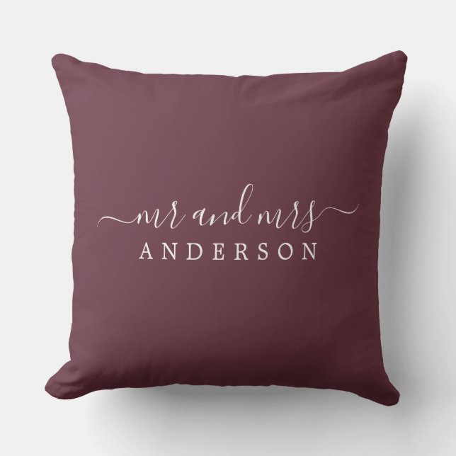 Chic Script Mr Mrs Burgundy Newlywed Monogram Throw Pillow (Front)