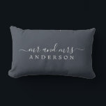 Chic Script Mr Mrs Charcoal Blue Newlywed Monogram Lumbar Pillow<br><div class="desc">Chic, modern monogrammed charcoal blue pillow with the text Mr and Mrs in white elegant script. Simply add your married name. Perfect luxury gift for the newlywed couple. Exclusively designed for you by Happy Dolphin Studio. If you need any help or matching products please contact us at happydolphinstudio@outlook.com. We're happy...</div>