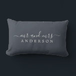 Chic Script Mr Mrs Charcoal Blue Newlywed Monogram Lumbar Pillow<br><div class="desc">Chic, modern monogrammed charcoal blue pillow with the text Mr and Mrs in white elegant script. Simply add your married name. Perfect luxury gift for the newlywed couple. Exclusively designed for you by Happy Dolphin Studio. If you need any help or matching products please contact us at happydolphinstudio@outlook.com. We're happy...</div>