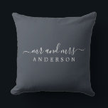 Chic Script Mr Mrs Charcoal Blue Newlywed Monogram Throw Pillow<br><div class="desc">Chic, modern monogrammed charcoal blue pillow with the text Mr and Mrs in white elegant script. Simply add your married name. Perfect luxury gift for the newlywed couple. Exclusively designed for you by Happy Dolphin Studio. If you need any help or matching products please contact us at happydolphinstudio@outlook.com. We're happy...</div>
