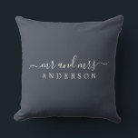 Chic Script Mr Mrs Charcoal Blue Newlywed Monogram Throw Pillow<br><div class="desc">Chic, modern monogrammed charcoal blue pillow with the text Mr and Mrs in white elegant script. Simply add your married name. Perfect luxury gift for the newlywed couple. Exclusively designed for you by Happy Dolphin Studio. If you need any help or matching products please contact us at happydolphinstudio@outlook.com. We're happy...</div>