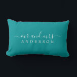 Chic Script Mr Mrs Green Newlywed Monogram Lumbar Pillow<br><div class="desc">Chic, modern monogram green pillow with the text Mr and Mrs in white elegant script. Simply add your married name. Perfect luxury gift for the newlywed couple. Exclusively designed for you by Happy Dolphin Studio. If you need any help or matching products please contact us at happydolphinstudio@outlook.com. We're happy to...</div>