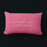 Chic Script Mr Mrs Hot Pink Newlywed Monogram Lumbar Pillow<br><div class="desc">Chic, modern monogram hot pink pillow with the text Mr and Mrs in white elegant script. Simply add your married name. Perfect luxury gift for the newlywed couple. Exclusively designed for you by Happy Dolphin Studio. If you need any help or matching products please contact us at happydolphinstudio@outlook.com. We're happy...</div>