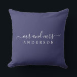 Chic Script Mr Mrs Navy Blue Newlywed Monogram Throw Pillow<br><div class="desc">Chic, modern monogrammed navy blue pillow with the text Mr and Mrs in white elegant script. Simply add your married name. Perfect gift for the newlywed couple. Exclusively designed for you by Happy Dolphin Studio. If you need any help or matching products please contact us at happydolphinstudio@outlook.com. We're happy to...</div>
