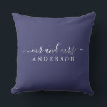 Chic Script Mr Mrs Navy Blue Newlywed Monogram Throw Pillow<br><div class="desc">Chic, modern monogrammed navy blue pillow with the text Mr and Mrs in white elegant script. Simply add your married name. Perfect gift for the newlywed couple. Exclusively designed for you by Happy Dolphin Studio. If you need any help or matching products please contact us at happydolphinstudio@outlook.com. We're happy to...</div>
