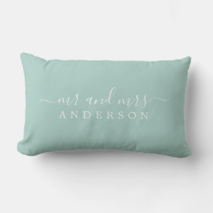 Chic Script Mr Mrs Pastel Blue Newlywed Monogram Lumbar Pillow