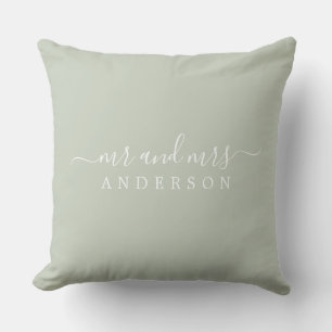Chic Script Mr Mrs Pastel Green Newlywed Monogram Throw Pillow