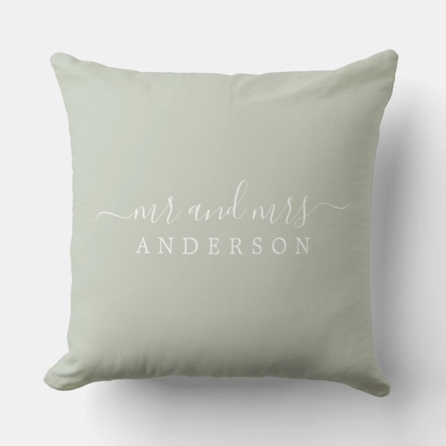 Chic Script Mr Mrs Pastel Green Newlywed Monogram Throw Pillow (Front)