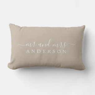 Chic Script Mr Mrs Shiitake Gray Newlywed Monogram Lumbar Pillow