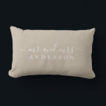Chic Script Mr Mrs Shiitake Grey Newlywed Monogram Lumbar Pillow<br><div class="desc">Chic, modern monogrammed shiitake grey pillow with the text Mr and Mrs in white elegant script. Simply add your married name. Perfect luxury gift for the newlywed couple. Exclusively designed for you by Happy Dolphin Studio. If you need any help or matching products please contact us at happydolphinstudio@outlook.com. We're happy...</div>