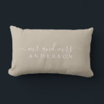 Chic Script Mr Mrs Shiitake Grey Newlywed Monogram Lumbar Pillow<br><div class="desc">Chic, modern monogrammed shiitake grey pillow with the text Mr and Mrs in white elegant script. Simply add your married name. Perfect luxury gift for the newlywed couple. Exclusively designed for you by Happy Dolphin Studio. If you need any help or matching products please contact us at happydolphinstudio@outlook.com. We're happy...</div>