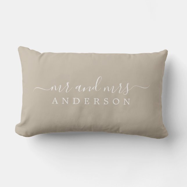 Chic Script Mr Mrs Shiitake Grey Newlywed Monogram Lumbar Pillow (Front)