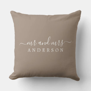 Chic Script Mr Mrs Taupe Newlywed Monogram Throw Pillow