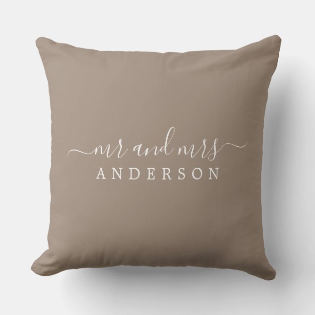 Chic Script Mr Mrs Taupe Newlywed Monogram Throw Pillow (Front)