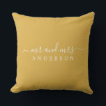Chic Script Mr Mrs Yellow Ochre Newlywed Monogram Throw Pillow<br><div class="desc">Chic, modern monogrammed pillow with the text Mr and Mrs in white elegant script on a yellow ochre background. Simply add your married name. Perfect luxury gift for the newlywed couple. If you need any help or matching products please contact us at happydolphinstudio@outlook.com. We're happy to help you make your...</div>