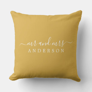 Chic Script Mr Mrs Yellow Ochre Newlywed Monogram Throw Pillow