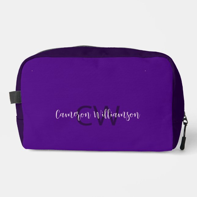 Chic Script Name & Initials Solid Indigo Purple Dopp Kit (Front)