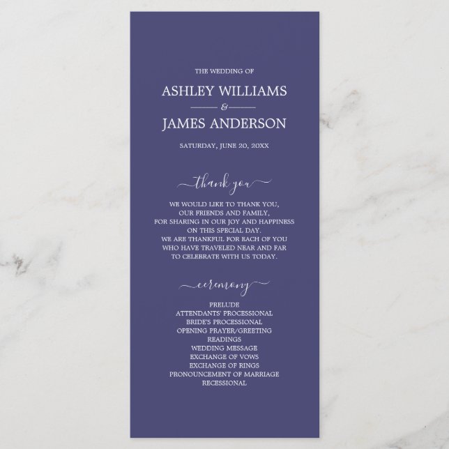 Chic Script Navy Blue Simple Minimal Wedding Program (Front)