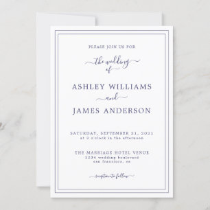 Chic Script Navy Blue White Wedding invitation