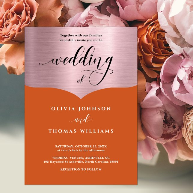 Chic Script Orange Metallic Rose Gold Wedding Invitation (Creator Uploaded)