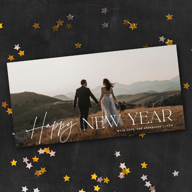 Chic Script Panoramic New Year Holiday Photo Card (Creator Uploaded)