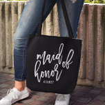 Chic Script Personalized Maid of Honour Tote Bag<br><div class="desc">Gift your maid of honour with this super cute personalized tote bag! Trendy and modern black and white design features "maid of honour" in white handwritten script typography on a black background. Easily customize with your maid of honour's name using the template field provided.</div>