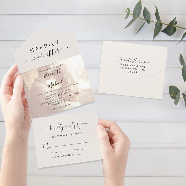 Chic Script Photo 0verlay Cream Wedding All In One Invitation (Creator Uploaded)