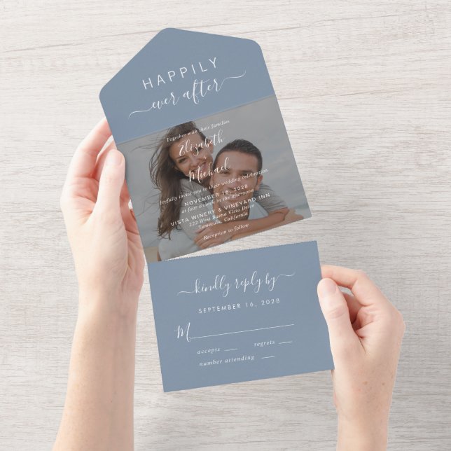 Chic Script Photo 0verlay Dusty Blue Wedding All In One Invitation (Tearaway)