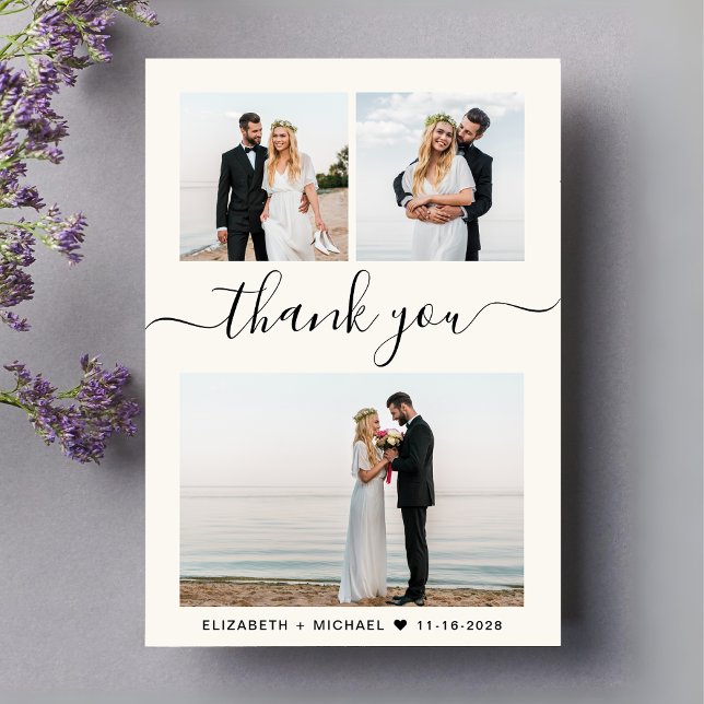 Chic Script Photo Collage Cream Wedding Thank You Card (Celebrate your love story with a thank you card showcasing 3 of your wedding day photos)
